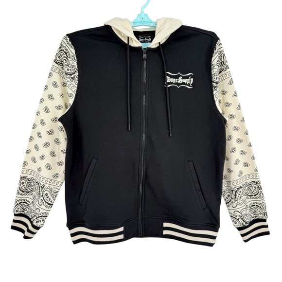 Dogg Supply By Snoop Dogg Mens Black/Cream Zip-Up Fleece Varsity Hoodie Sz M NWT - Picture 2 of 12